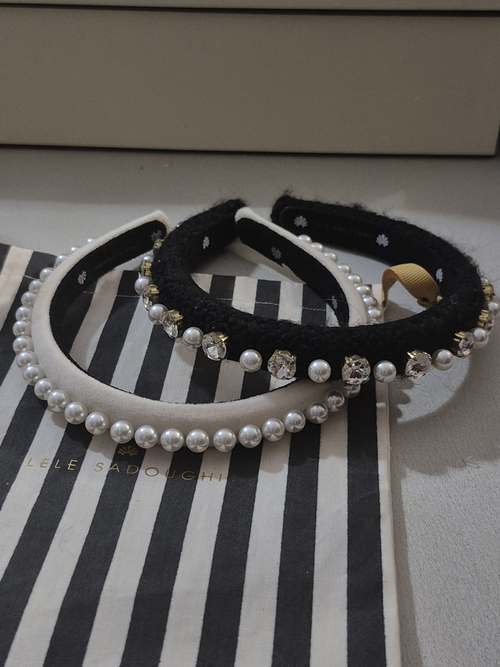 2 Lele Sadoughi Pearl-Trim Headband in Black and White